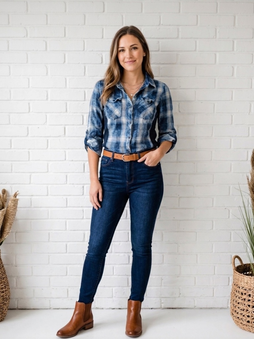 Acid Wash Plaid Button Down Shirt Ribbed Side Panel Roll Tab Sleeve Blue Medium